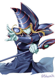 Rule 34 | 1boy, blonde hair, blue eyes, closed mouth, colored skin, dark magician, duel monster, ebifurya, green skin, hat, highres, holding, holding staff, male focus, serious, simple background, solo, staff, upper body, white background, wizard hat, yu-gi-oh!