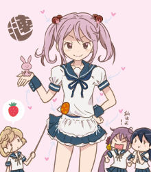 Rule 34 | 10s, 4girls, ahoge, akebono (kancolle), animal, animal on hand, apron, bandaid, bandaid on face, bell, black hair, bow, chibi, closed eyes, clothes lift, flower, food, fruit, hair bell, hair bobbles, hair flower, hair ornament, hand on own hip, hand up, heart, implied pantyshot, kantai collection, light brown hair, long hair, looking at viewer, multiple girls, oboro (kancolle), own hands together, pink background, pink eyes, pink hair, pleated skirt, pointer, purple hair, rabbit, rabbit hair ornament, saiguchi otoufu, sazanami (kancolle), sazanami kai (kancolle), school uniform, serafuku, short hair, short sleeves, side ponytail, sidelocks, sketch, skirt, skirt lift, smile, strawberry, text focus, translation request, twintails, ushio (kancolle), wrist cuffs
