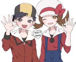 Rule 34 | 1boy, 1girl, :d, backwards hat, bad id, bad twitter id, baseball cap, black headwear, black shirt, blue overalls, blush, bow, brown eyes, brown hair, cabbie hat, commentary request, creatures (company), ethan (pokemon), game freak, grey eyes, hand up, hat, hat bow, highres, jacket, long hair, lyra (pokemon), milestone celebration, nintendo, open mouth, overalls, pokemon, pokemon hgss, red bow, red jacket, red shirt, shirt, short hair, smile, spread fingers, teeth, thank you, tongue, twintails, umekobushi, upper teeth only, white headwear, zipper pull tab