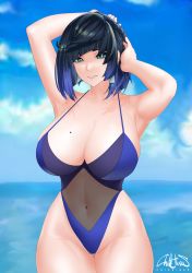 Rule 34 | 1girl, absurdres, arms up, ass, beach, blue eyes, blue sky, blush, breasts, chikhinas, clothes, cloud, cloudy sky, ear piercing, female focus, genshin impact, gradient hair, highres, large breasts, lipstick, looking back, makeup, mature female, multicolored hair, piercing, short hair, sky, smile, solo, swimsuit, water, yelan (genshin impact)