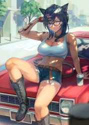 Rule 34 | 1girl, abs, absurdres, animal ears, arm support, arm tattoo, arm up, belt, black-framed eyewear, black footwear, black gloves, black hair, blue shorts, boots, breasts, brown belt, car, cat ears, cat girl, cat tail, cleavage, closed mouth, commission, cross-laced footwear, day, denim, denim shorts, final fantasy, final fantasy xiv, fingerless gloves, glasses, gloves, hakusyokuto, highres, jewelry, knee boots, knee up, lace-up boots, large breasts, looking at viewer, motor vehicle, multicolored hair, muscular, muscular female, navel, necklace, outdoors, purple eyes, purple hair, short hair, short shorts, shorts, single fingerless glove, single glove, sitting, skeb commission, smile, solo, tail, tattoo, tree, warrior of light (ff14)