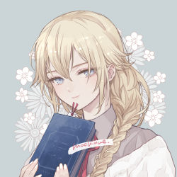 Rule 34 | 1girl, artist name, blonde hair, blouse, blue eyes, book, braid, closed mouth, collared shirt, commentary request, commission, floral background, grey shirt, holding, holding book, long hair, looking at viewer, mochinue, neck ribbon, original, pixiv commission, ribbon, shawl, shirt, side braid, sidelocks, signature, single braid, smile, solo, upper body