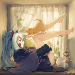 Rule 34 | 10s, 1girl, 2014, artist name, barefoot, blue hair, cat, cookie, cup, cupcake, curtains, dated, eiyuu densetsu, falcom, feet, food, from side, full body, own hands clasped, indoors, long hair, long sleeves, looking at another, lying, on back, own hands together, parted lips, pleated skirt, profile, sandwich, signature, skirt, solo, teacup, teapot, tiny (0v0), tio plato, window, yellow eyes, zero no kiseki