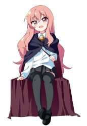 Rule 34 | 1girl, black cape, black footwear, black skirt, black thighhighs, cape, collared shirt, flat chest, full body, hair between eyes, haru (konomi 150), highres, hood, hooded cape, long hair, long sleeves, louise francoise le blanc de la valliere, open mouth, pink eyes, pink hair, pleated skirt, shirt, shoes, simple background, sitting, skirt, smile, solo, thighhighs, white background, white shirt, zero no tsukaima
