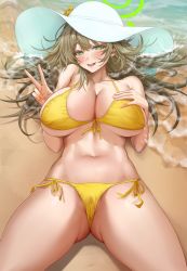 Rule 34 | 1girl, absurdres, beach, bikini, blue archive, breasts, flower, front-tie bikini top, front-tie top, green eyes, halo, hand on own chest, hat, hat flower, hat ribbon, highres, large breasts, light brown hair, long hair, lying, nompang, nonomi (blue archive), nonomi (swimsuit) (blue archive), official alternate costume, on back, ribbon, side-tie bikini bottom, sun hat, swept bangs, swimsuit, v, yellow bikini