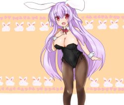 Rule 34 | 1girl, animal ears, bare arms, bare shoulders, black pantyhose, breasts, cleavage, collar, detached collar, large breasts, leotard, long hair, looking at viewer, open mouth, pantyhose, pink eyes, playboy bunny, purple hair, rabbit, rabbit ears, rabbit girl, reisen udongein inaba, smile, solo, sprout (33510539), touhou, very long hair, wrist cuffs