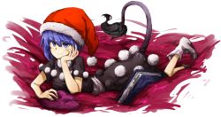 Rule 34 | 1girl, bad id, bad pixiv id, black dress, blob, blue eyes, blue hair, book, boots, breasts, doremy sweet, dress, hand on own cheek, hand on own face, hat, kankan33333, looking at viewer, lying, matching hair/eyes, multicolored clothes, multicolored dress, nightcap, on stomach, pom pom (clothes), short hair, short sleeves, smile, solo, tail, tapir tail, touhou, white dress, white footwear