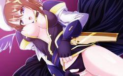 Rule 34 | 00s, 1girl, between legs, black panties, blue eyes, breasts, brown hair, cape, cleavage, clothes lift, detached wings, dutch angle, fingerless gloves, from below, gloves, hair ornament, hand between legs, hat, highres, juliet sleeves, large breasts, long sleeves, lyrical nanoha, mahou shoujo lyrical nanoha, mahou shoujo lyrical nanoha strikers, open clothes, open shirt, panties, partially undressed, puffy sleeves, purple background, shirt, short hair, solo, tappa (esperanza), tongue, tongue out, underwear, waist cape, wings, x hair ornament, yagami hayate