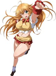 Rule 34 | 1girl, antenna hair, aqua eyes, blush, breasts, brown footwear, cardigan, clenched hands, fang, fingerless gloves, full body, gloves, highres, ikkitousen, large breasts, legs, loafers, long hair, navel, open mouth, orange hair, outstretched arm, plaid, plaid skirt, red gloves, red skirt, shoes, short sleeves, skirt, solo, sonsaku hakufu, thighs, transparent background, wince
