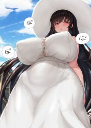 Rule 34 | 1girl, 2channel, :o, arms at sides, bare shoulders, black hair, blush, breasts, button gap, cloud, covered erect nipples, cream cod, curvy, dress, from below, hasshaku-sama, hat, highres, huge breasts, long dress, long hair, looking at viewer, looking down, mature female, mole, mole under eye, narrow waist, no bra, outdoors, parted lips, pink eyes, plump, sash, skin tight, sky, sleeveless, sleeveless dress, solo, speech bubble, sun hat, sundress, taut clothes, very long hair, white dress, white hat, wide hips
