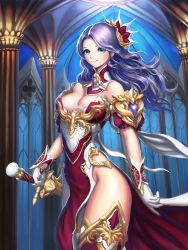 1girl arch bare_shoulders blue_eyes breasts column detached_collar fantasy female_focus gloves hair_ornament highres indoors knight long_hair looking_at_viewer lucky9 medium_breasts original pelvic_curtain pillar purple_hair sheath smile solo standing sword thighhighs weapon white_gloves