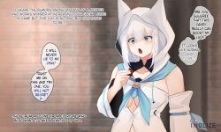 Rule 34 | 1girl, breasts, clothes, english text, female focus, hololive, looking at viewer, medium breasts, medium hair, open mouth, shirakami fubuki, solo, speech bubble, thought bubble, tnolize, virtual youtuber, white hair