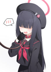 Rule 34 | 1girl, animal collar, beret, black hair, blue archive, blush, child (isoliya), collar, commentary request, faceless, faceless female, gloves, hair ornament, halo, hat, highres, hime cut, justice task force member (blue archive), leash, neckerchief, open mouth, red neckerchief, school uniform, simple background, solo focus, sweatdrop, white background