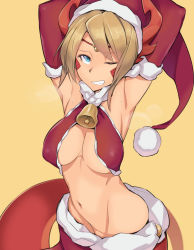 Rule 34 | 1girl, armpits, arms behind head, arms up, bell, blonde hair, blue eyes, breasts, collar, criss-cross halter, echidna (p&amp;d), elbow gloves, gloves, grin, halterneck, hat, highres, kurowa, lamia, large breasts, midriff, monster girl, navel, neck bell, puzzle &amp; dragons, santa hat, smile, solo, sweat
