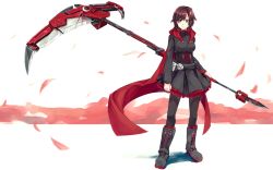 Rule 34 | 1girl, boots, cape, cross, dress, flower, full body, hitogome, hitomai, pantyhose, petals, petticoat, red hair, rose, rose petals, ruby rose, rwby, scythe, short hair, smile, solo, weapon, white background