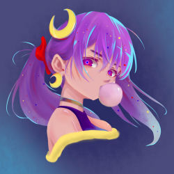Rule 34 | 1girl, alternate costume, alternate hairstyle, bare shoulders, blue pupils, blowing bubbles, chewing gum, choker, commentary, crescent, crescent hair ornament, cropped torso, earrings, eyebrows hidden by hair, from side, gold choker, hair between eyes, hair ornament, hair ribbon, jewelry, liulijun233, long hair, looking at viewer, looking to the side, no headwear, no headwear, patchouli knowledge, ponytail, portrait, purple eyes, purple hair, purple tank top, red ribbon, ribbon, sleeveless, solo, tank top, touhou