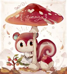 Rule 34 | 1girl, :&gt;, acorn, animal crossing, apron, berry, blush, brown eyes, character name, closed mouth, coco7, commentary request, dress, falling leaves, floral print, flower (symbol), fly agaric, frilled apron, frills, furry, furry female, green dress, leaf, looking at viewer, mushroom, nintendo, pinafore dress, plant, poppy (animal crossing), seed, shirt, short sleeves, simple background, sleeveless, sleeveless dress, smile, solo, squirrel girl, standing, waist apron, white apron, white background, white shirt