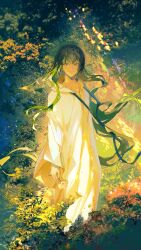 Rule 34 | 1boy, absurdly long hair, androgynous, cangchen, enkidu (fate), fate/strange fake, fate (series), flower, green eyes, green hair, hair between eyes, highres, holding, holding flower, long hair, long sleeves, looking at viewer, male focus, nature, robe, smile, solo, standing, very long hair, white robe