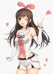 Rule 34 | blouse, blue eyes, blush, bowtie, brown hair, cowboy shot, dress, highres, kizuna ai, long hair, one eye closed, ribbon, shirt, short shorts, shorts, simple background, sleeveless, sleeveless shirt, smile, solo, standing, stomach, striped bow, striped bowtie, striped clothes, swept bangs, very long hair, virtual youtuber, white background, wink