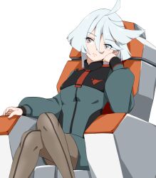 Rule 34 | 1girl, ahoge, asticassia school uniform, blue jacket, blue shorts, chair, closed mouth, commentary, crossed legs, front-seamed legwear, grey eyes, grey hair, grey pantyhose, gundam, gundam suisei no majo, hair between eyes, head tilt, jacket, kunney, light frown, long hair, long sleeves, looking at viewer, low ponytail, miorine rembran, on chair, pantyhose, pantyhose under shorts, school uniform, seamed legwear, shorts, simple background, sitting, solo, white background