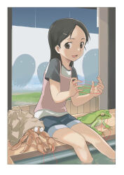 Rule 34 | 1girl, absurdres, black eyes, black hair, cat&#039;s cradle, child, commentary request, crab, ennui orz, hair ornament, hairclip, hermit crab, highres, open mouth, original, shirt, short shorts, shorts, sitting, smile, solo, string, t-shirt, toad (animal), wading