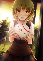 Rule 34 | 10s, 1girl, backlighting, bare arms, baseball, black skirt, blurry, blush, brown hair, collared shirt, depth of field, dutch angle, green hair, highres, idolmaster, idolmaster million live!, light particles, looking at viewer, miniskirt, nagayoshi subaru, open mouth, outdoors, oversized object, plant, pleated skirt, red eyes, ro risu, school uniform, shirt, short hair, short sleeves, skirt, sky, solo, stairs, sweater vest, twilight, upper body, white shirt