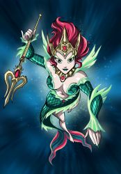 Rule 34 | 1girl, ame-comi, aquaman (series), dc comics, mera, polearm, queen, red hair, sequins, solo, swimming, trident, underwater, water, weapon