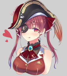 Rule 34 | 1girl, :p, absurdres, ascot, bad id, bad pixiv id, bare shoulders, black hat, blue gemstone, blush, breasts, brooch, character name, cleavage, closed mouth, commentary, cropped torso, eyepatch, gem, grey background, hair ribbon, hat, heart, heart print, highres, hololive, houshou marine, jewelry, large breasts, okiq, one eye covered, pirate hat, purple hair, red ribbon, red vest, ribbon, see-through, see-through cleavage, signature, simple background, smile, solo, tongue, tongue out, twintails, upper body, vest, virtual youtuber
