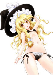 Rule 34 | 1girl, :q, bikini, black bikini, blonde hair, blush, bow, breasts, cameltoe, covered erect nipples, female focus, from below, groin, hair bow, hat, hat bow, kemomo, kirisame marisa, long hair, navel, small breasts, solo, swimsuit, tongue, tongue out, touhou, witch hat, yellow eyes