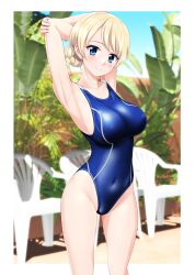 Rule 34 | 1girl, absurdres, arms behind head, banana tree, blonde hair, blue eyes, blue one-piece swimsuit, braid, breasts, chair, commentary request, competition swimsuit, covered navel, cowboy shot, darjeeling (girls und panzer), girls und panzer, highres, medium breasts, one-piece swimsuit, photo background, short hair, solo, swimsuit, takafumi, twin braids