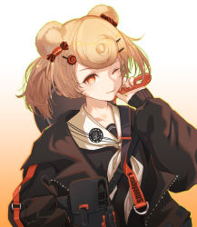 Rule 34 | 1girl, ;), animal ears, arknights, bear ears, black shirt, blonde hair, candy hair ornament, closed mouth, commentary, food-themed hair ornament, frying pan, gradient background, gummy (arknights), hair ornament, highres, holding, holding frying pan, kawausoman, looking at viewer, medium hair, one eye closed, orange background, orange eyes, sailor collar, school uniform, serafuku, shirt, smile, solo, upper body, white background