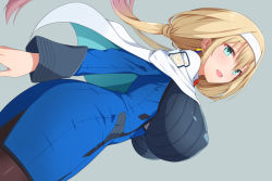 Rule 34 | alternate breast size, blonde hair, blue jacket, blush, breasts, capelet, covered erect nipples, from side, green background, hair behind ear, hairband, huge breasts, jacket, low twintails, mitsuba greyvalley, open clothes, pantyhose, shinki (shinki59), smile, solo, super robot wars, super robot wars 30, twintails, white capelet, white hairband