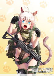 Rule 34 | 1girl, :d, ahoge, animal ears, artist name, assault rifle, backpack, bad id, bad pixiv id, bag, bandaid, bandaid on face, bandana, belt, bikini, black bikini, black gloves, blue eyes, breasts, cat, cat ears, cat tail, combat knife, commentary, copyright name, cowboy shot, fang, gloves, gradient background, gradient hair, gun, knife, kws, looking at viewer, military, multicolored hair, open mouth, original, paw pose, paw print, short hair, sig sg552, silver hair, small breasts, smile, solo, sparkle, standing, swimsuit, tactical clothes, tail, thigh strap, utility belt, weapon, weapon request, yellow background