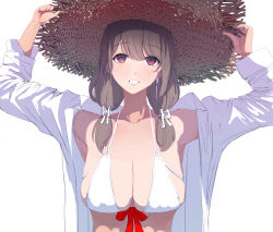 Rule 34 | 1girl, bad id, bad pixiv id, bikini, blouse, breasts, brown eyes, brown hair, chikushi nitouhei, cleavage, collarbone, commentary request, hat, large breasts, lips, open clothes, open shirt, original, shirt, sidelocks, smile, solo, straw hat, swimsuit, twintails, white bikini, white shirt