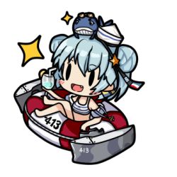 Rule 34 | 1girl, 1other, bamomon, bikini, blue hair, chibi, dixie cup hat, double bun, drink, fang, hair bun, hat, kantai collection, lifebuoy, little blue whale (kancolle), lowres, military hat, open mouth, samuel b. roberts (kancolle), short hair, simple background, smile, sparkle, striped bikini, striped clothes, swim ring, swimsuit, whale, white background, white headwear, yellow eyes