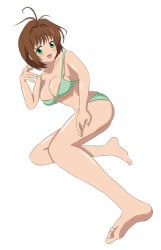 Rule 34 | 1girl, bad anatomy, bad hands, barefoot, bikini, breasts, brown hair, bursting breasts, feet, green eyes, highres, large breasts, open mouth, poorly drawn, short hair, solo, swimsuit