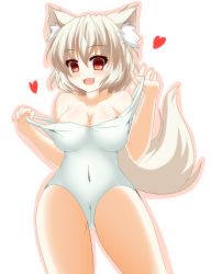 Rule 34 | 1girl, ak-r, animal ears, bad id, bad twitter id, blush, breasts, cleavage, clothes pull, fang, female focus, hajime (ak-r), inubashiri momiji, looking at viewer, navel, one-piece swimsuit, one-piece swimsuit pull, red eyes, silver hair, simple background, solo, swimsuit, tail, touhou, white background, white one-piece swimsuit, wolf ears, wolf tail