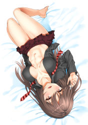 Rule 34 | 1girl, abs, barefoot, bed sheet, black shirt, blush, breasts, breasts apart, brown hair, collarbone, hair between eyes, highres, hip bones, knees together feet apart, knees up, long hair, long sleeves, looking at viewer, lying, maroon skirt, medium breasts, messy hair, midriff, murata taichi, navel, necktie, on back, open clothes, open mouth, open shirt, original, pleated skirt, shirt, skirt, solo, striped neckwear, swept bangs, undone necktie, upside-down