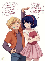 Rule 34 | 1boy, 1girl, adrien agreste, arm up, bandaid, bandaid on face, blonde hair, blue eyes, blue hair, ceejles, crossed arms, english text, green eyes, hairband, hand on own hip, height conscious, height difference, highres, marinette dupain-cheng, miraculous ladybug, pink skirt, signature, skirt, aged down
