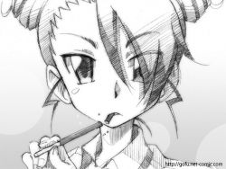 Rule 34 | 00s, 1girl, cone hair bun, double bun, eating, food, gofu, greyscale, hair bun, hyakko, looking at viewer, monochrome, mouth hold, pocky, portrait, saotome suzume, sketch, solo, traditional media, upper body, watermark, web address