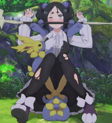 Rule 34 | 1girl, animal ear fluff, animal ears, bestiality, bike shorts, black dress, black hair, black pantyhose, blue eyes, blush, breast sucking, breast sucking through clothes, breasts, capelet, capelet removed, cunnilingus, cunnilingus through clothes, dress, futoku no guild, highres, long sleeves, looking at viewer, medium hair, one eye closed, oral, outdoors, pantyhose, purple capelet, purple hair, rabbit, rape, saliva, screencap, sidelocks, small breasts, staff (weapon), stitched, tearing up, tears, third-party edit, tokishikko dana, torn clothes, torn pantyhose, twintails