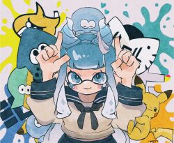 Rule 34 | 1girl, :3, arms up, blue eyes, blue hair, closed mouth, commentary, creatures (company), fake horns, game freak, gen 1 pokemon, horns, index finger raised, inkling, inkling girl, inkling player character, jellyfish (splatoon), long hair, moyu u0, nintendo, one eye closed, paint splatter, pikachu, pointy ears, pokemon, pokemon (creature), simple background, smile, splatoon (series), splatoon 3, symbol-only commentary, tail, tentacle hair, thick eyebrows, white background, yellow fur