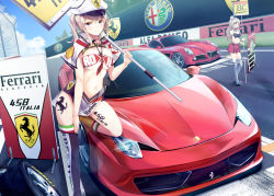 Rule 34 | 10s, 2girls, ad, adapted costume, alfa romeo, alfa romeo 8c, alternate costume, animal print, armband, bandeau, banner, between breasts, blush, body writing, breasts, capelet, car, carrying over shoulder, chain-link fence, clothes writing, crop top, day, fence, ferrari, ferrari 458 italia, gedou (shigure seishin), graf zeppelin (kancolle), grey eyes, hair between eyes, hand on own thigh, hat, holding, horse, horse print, italian flag, italian text, kantai collection, kneehighs, leg up, long hair, looking at viewer, marlboro, medium breasts, mini hat, mini top hat, miniskirt, motor vehicle, multiple girls, navel, necktie, necktie between breasts, outdoors, peaked cap, placard, pleated skirt, pola (kancolle), pole, print legwear, product placement, race queen, race vehicle, racecar, racetrack, red necktie, red skirt, road, shade, sign, silver hair, single kneehigh, single sock, single thighhigh, skirt, smile, socks, standing, standing on one leg, stomach, street, thighhighs, top hat, twintails, umbrella, underboob, vehicle focus, white hat, white skirt