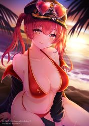 Rule 34 | 1girl, absurdres, bikini, black jacket, breasts, character name, collarbone, dated, eyewear on headwear, hair between eyes, happy birthday, hat, heart, heart-shaped eyewear, highres, hololive, houshou marine, houshou marine (summer), jacket, large breasts, looking at viewer, mihanada kanata, navel, off shoulder, red bikini, red eyes, red hair, sitting, solo, sunset, swimsuit, tongue, tongue out, twintails, virtual youtuber, wet, yellow eyes