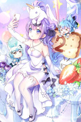 Rule 34 | &gt; &lt;, 3girls, :d, arm support, azur lane, balloon, bili girl 22, bili girl 33, bilibili, black bow, black ribbon, blue flower, blue hair, blue shirt, blue skirt, blueberry, blush, bow, breasts, brown eyes, cellphone, chibi, cleavage, closed eyes, closed mouth, clothing cutout, commentary request, criss-cross halter, crossover, detached sleeves, dress, fingernails, flower, food, fruit, full body, gradient hair, gyaza, hair between eyes, hair bun, hair ribbon, halterneck, heart cutout, highres, holding, holding phone, long hair, long sleeves, mini person, minigirl, multicolored hair, multiple girls, on head, one side up, open mouth, outstretched arm, parted lips, phone, pleated skirt, puffy short sleeves, puffy sleeves, purple eyes, purple hair, ribbon, see-through, shirt, shoes, short sleeves, side bun, sidelocks, single hair bun, single side bun, skirt, sleeves past wrists, small breasts, smile, star (symbol), strawberry, stuffed animal, stuffed toy, stuffed winged unicorn, thighhighs, unicorn (azur lane), very long hair, white dress, white footwear, white legwear, white sleeves, xd