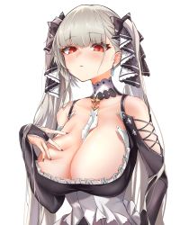 Rule 34 | 1girl, azur lane, between breasts, black dress, black nails, breasts, cleavage, dress, emil (386), formidable (azur lane), frilled dress, frills, grey hair, hand on own chest, highres, huge breasts, long hair, looking at viewer, nail polish, necktie, necktie between breasts, red eyes, ribbon, simple background, solo, twintails, two-tone ribbon, upper body, very long hair, white background, white dress