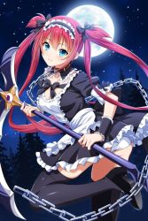 Rule 34 | 1girl, airi (queen&#039;s blade), airi (queen&#039;s blade unlimited), apron, ass, black dress, black footwear, black ribbon, black thighhighs, blue eyes, bow, bowtie, breasts, chain, chain leash, cleavage, crotch seam, dress, frills, full moon, hair bow, hair ribbon, holding, holding weapon, leash, long hair, looking at viewer, maid, maid apron, maid headdress, mary janes, medium breasts, moon, night, panties, puffy short sleeves, puffy sleeves, queen&#039;s blade, queen&#039;s blade unlimited, queen&#039;s blade white triangle, red hair, ribbon, scythe, shoes, short sleeves, smile, solo, thighhighs, twintails, two side up, underwear, very long hair, weapon, white apron, white panties, wrist cuffs