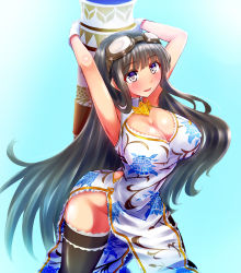 Rule 34 | 10s, 1girl, arched back, arms behind head, arms up, ass, black eyes, black hair, black thighhighs, blush, breasts, butt crack, china dress, chinese clothes, cleavage, covered erect nipples, curvy, dress, gloves, goggles, goggles on head, gradient background, granblue fantasy, grey eyes, heart, highres, jessica (granblue fantasy), large breasts, leaning forward, long hair, looking at viewer, open mouth, plump, side slit, smile, solo, stir255, thighhighs, white gloves