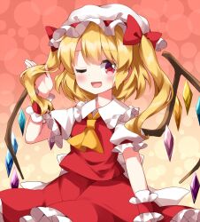 Rule 34 | 1girl, ascot, blonde hair, flandre scarlet, frilled skirt, frills, gradient background, hat, highres, looking at viewer, mob cap, one eye closed, open mouth, puffy short sleeves, puffy sleeves, red eyes, red vest, ruu (tksymkw), short sleeves, skirt, smile, solo, touhou, twintails, vest, wings, yellow ascot