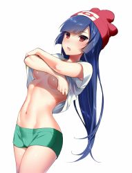 Rule 34 | 10s, 1girl, :o, armpit peek, beanie, blush, breasts, clothes lift, cosplay, cowboy shot, creatures (company), crossed arms, game freak, green shorts, hat, hizuki akira, long hair, looking at viewer, medium breasts, midriff, navel, nintendo, parted lips, pokemon, pokemon rgby, pokemon sm, purple hair, red eyes, red hat, sabrina (pokemon), selene (pokemon), selene (pokemon) (cosplay), shirt lift, shorts, simple background, solo, stomach, tsurime, underboob, undressing, white background